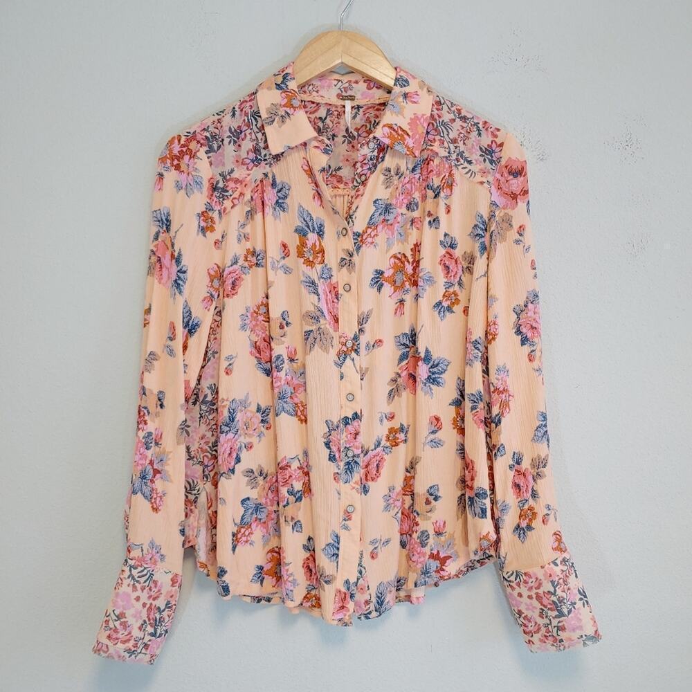Free People Hold On To Me Printed Top in Coral Sz S Floral Boho Peasant
